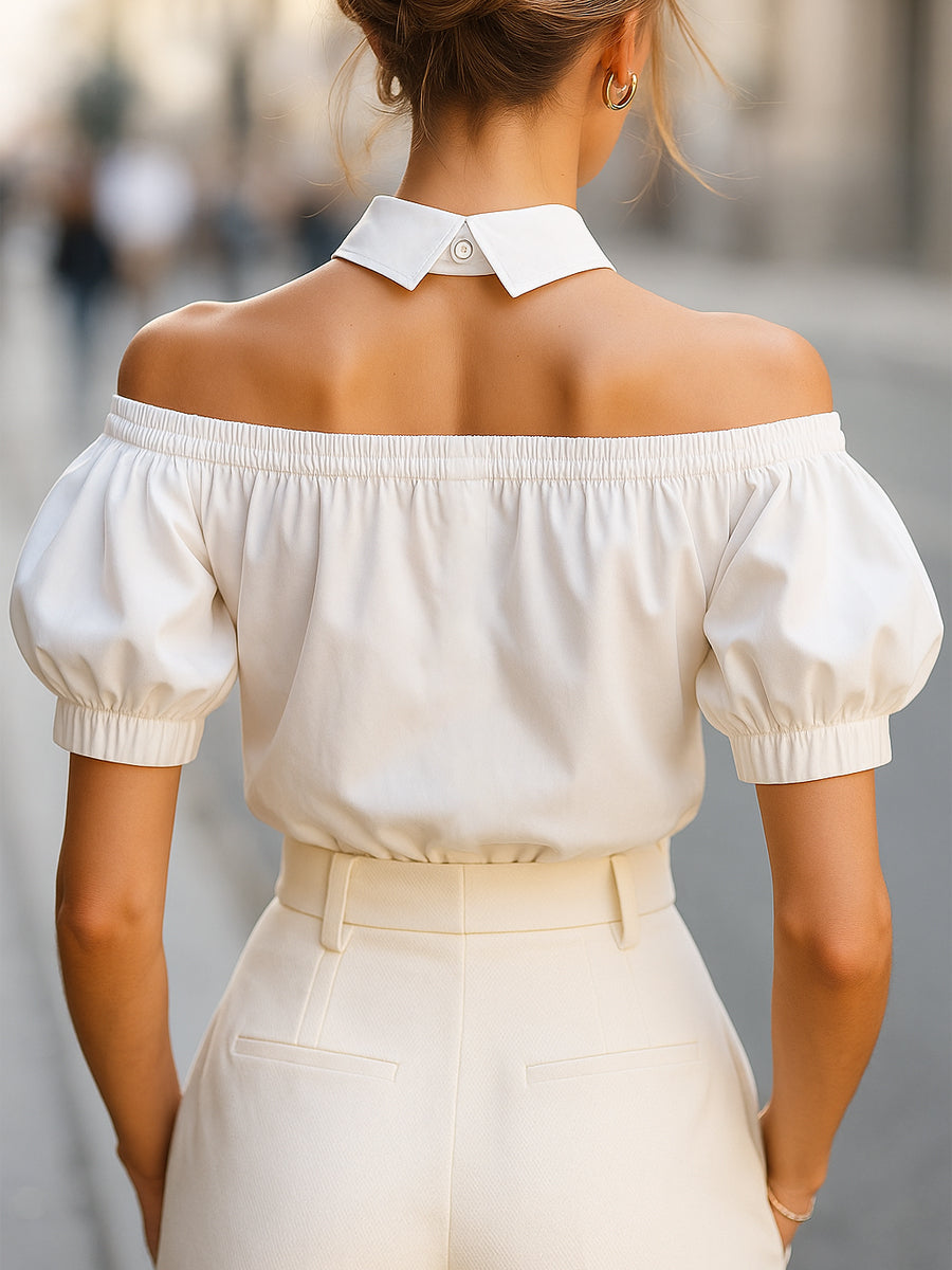 Chic Off-Shoulder Button-Up Blouse with Statement Collar