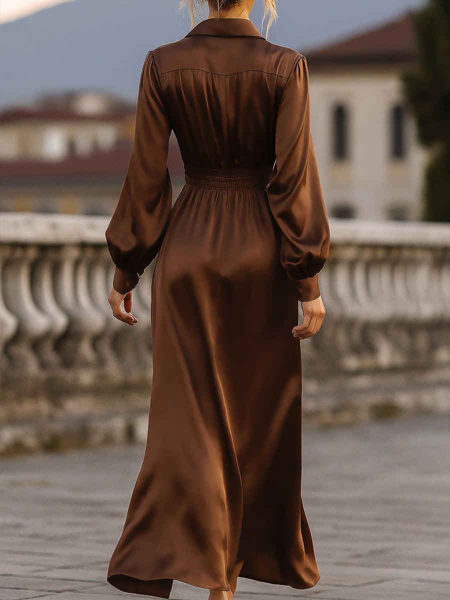 Beckwell Satin Cinched Waist Maxi Dress In Mocha Brown