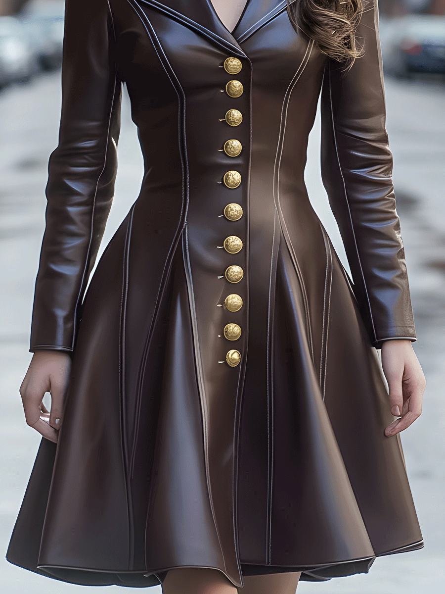 Chocolate Brown Faux Leather A-Line Coat Dress With Gold Buttons