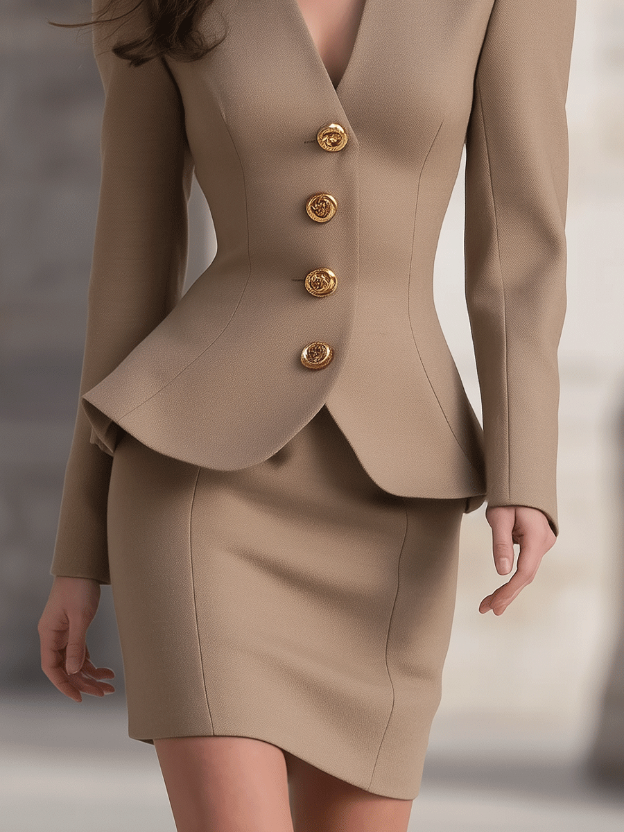 Camel Hourglass Blazer Skirt Suit With Gold Buttons