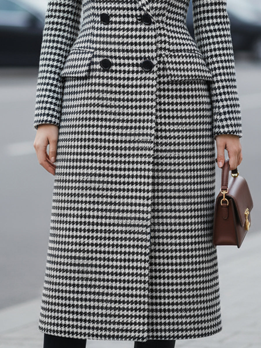 Timeless Black - White Houndstooth Double - Breasted Coat