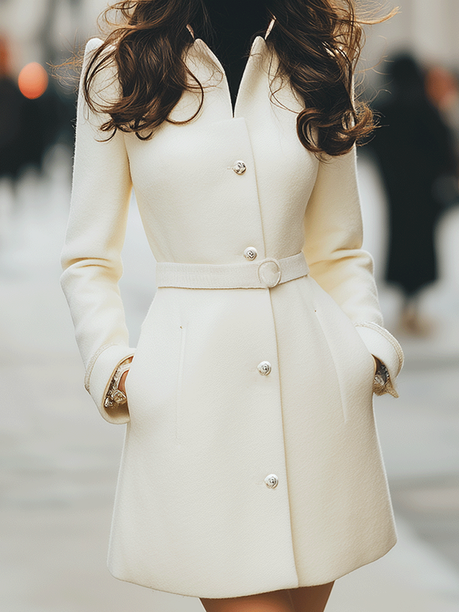 Ivory Belted A-Line Coat With Pearl Buttons