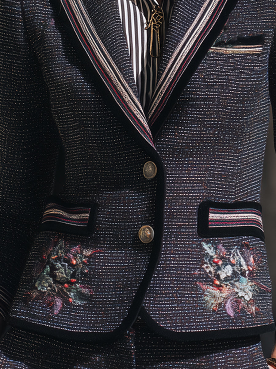 Deep Grey Embroidered Tweed Blazer