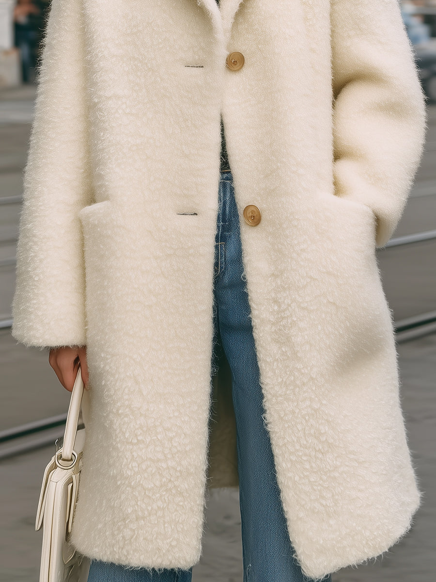 Elegant White Fuzzy Coat With Lapel Collar