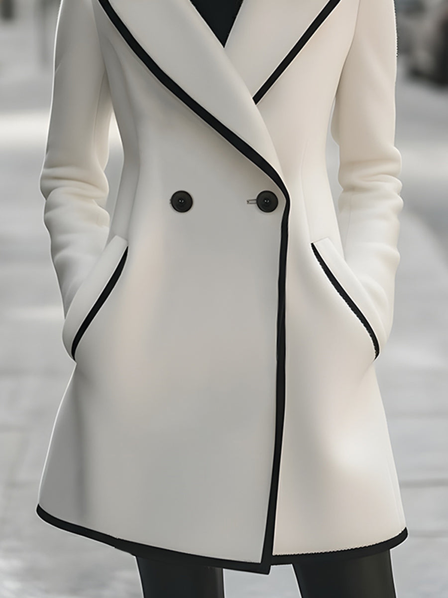 Elegant Double-Breasted Coat With Black Piping