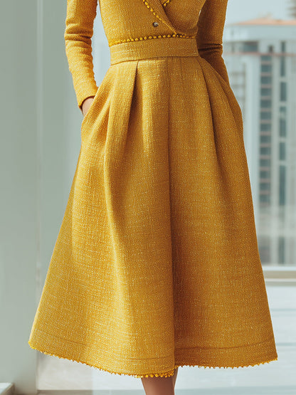 Yellow Tweed Double-Breasted Midi Dress