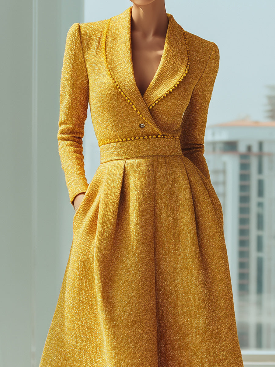 Yellow Tweed Double-Breasted Midi Dress