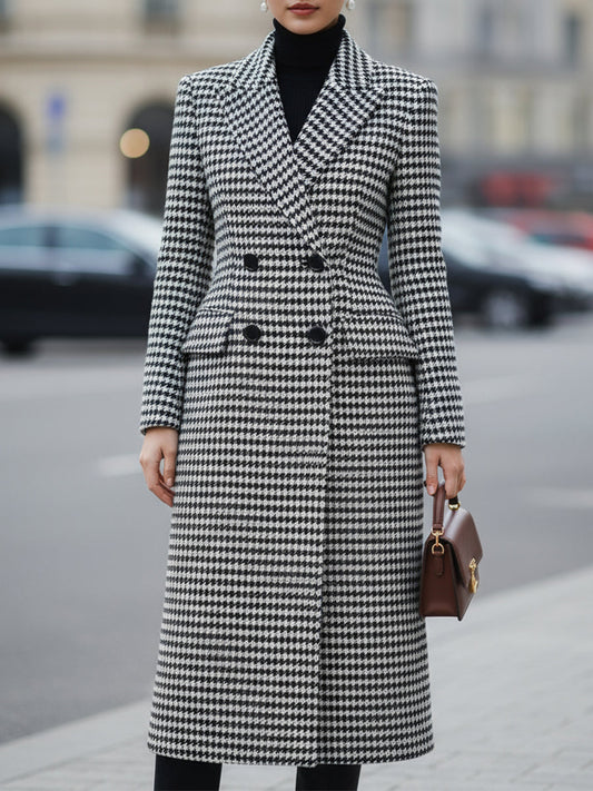 Timeless Black - White Houndstooth Double - Breasted Coat