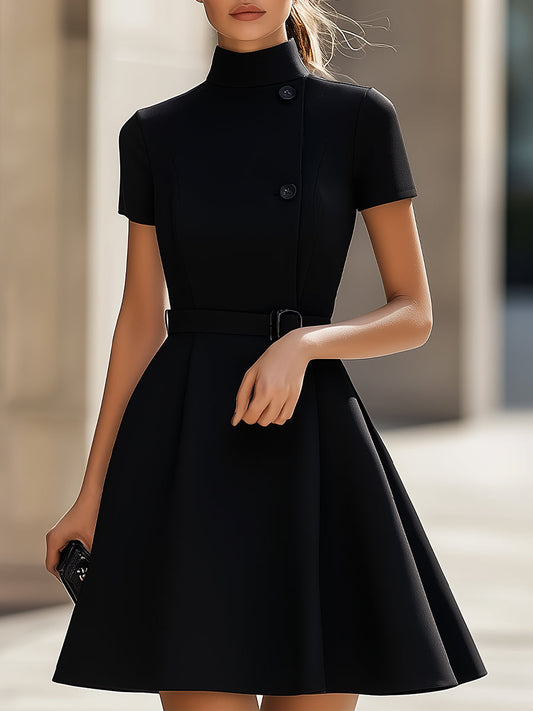 Elegant Black High-Neck Dress with Belted Waist