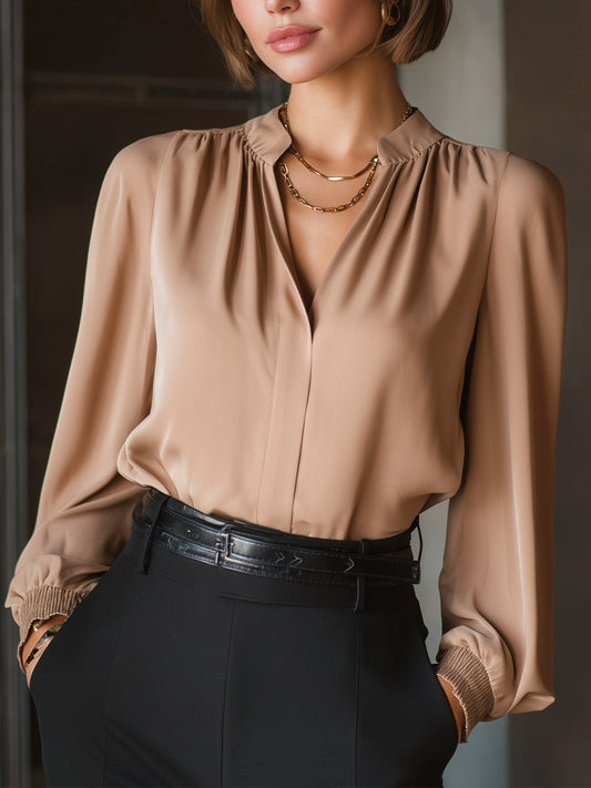 Camel Long-Sleeve Pleated Blouse