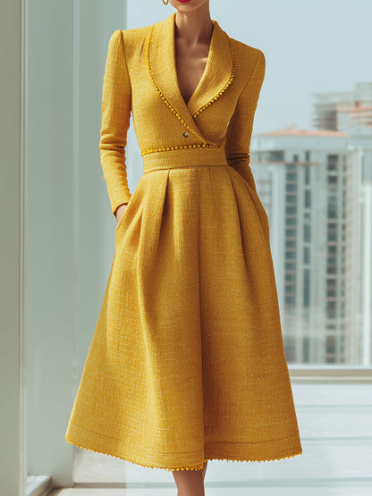 Yellow Tweed Double-Breasted Midi Dress
