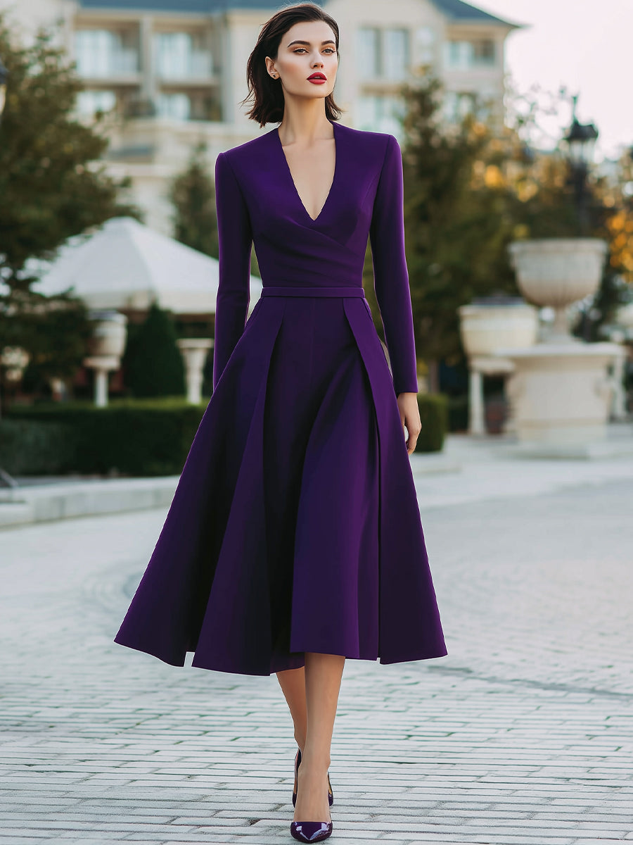 Plum A-Line Midi Dress With Pleated Skirt