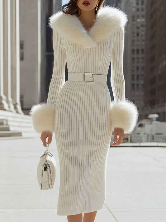 Luxurious White Faux Fur - Trimmed Ribbed Knit Midi Dress