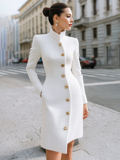 Regal Elegance White High-Neck Button Dress