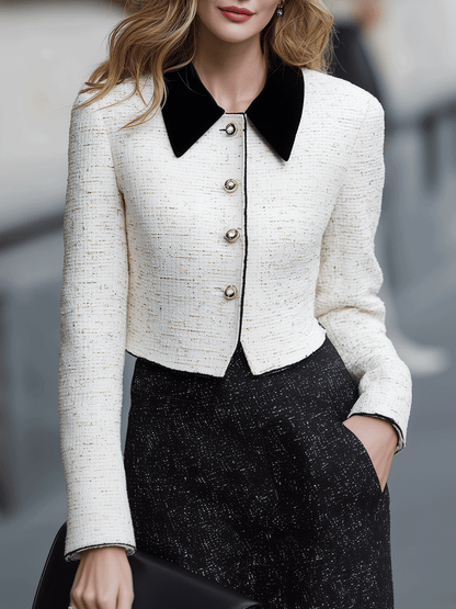 Ivory Tweed Cropped Jacket With Velvet Collar