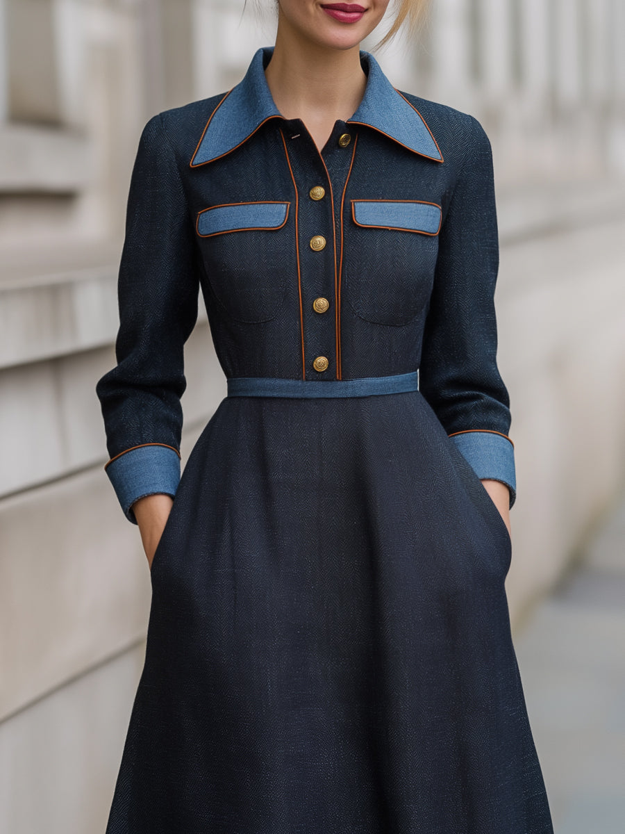 Denim-Trim Woven Midi Dress With Gold Buttons
