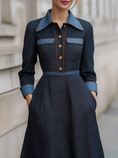 Denim-Trim Woven Midi Dress With Gold Buttons