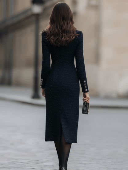 Navy Tweed Midi Dress With Embellished Buttons