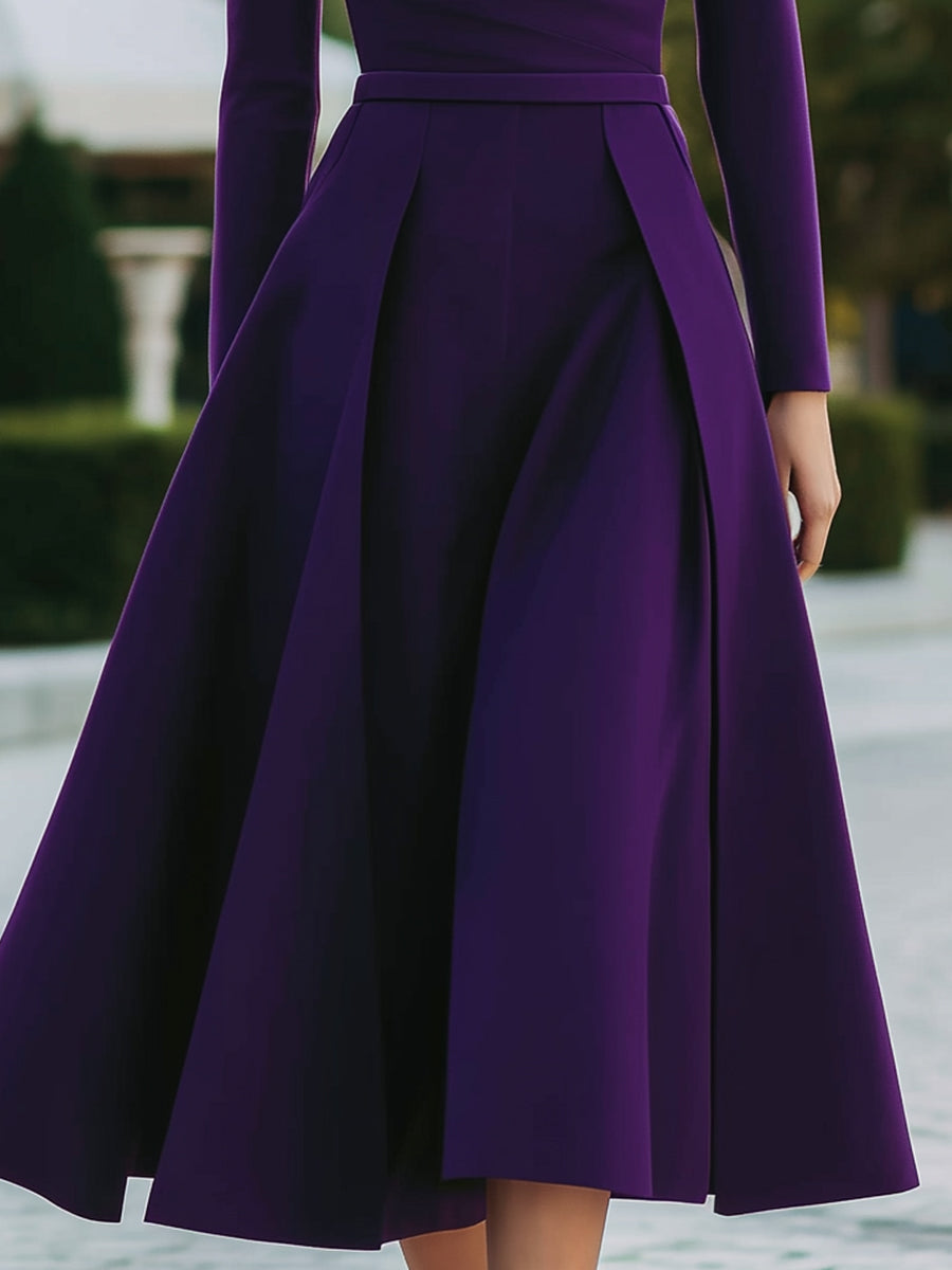 Plum A-Line Midi Dress With Pleated Skirt