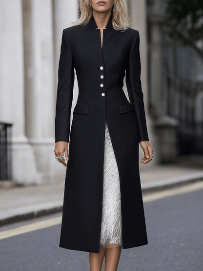 Black High-Collar Embellished Button Longline Coat Dress