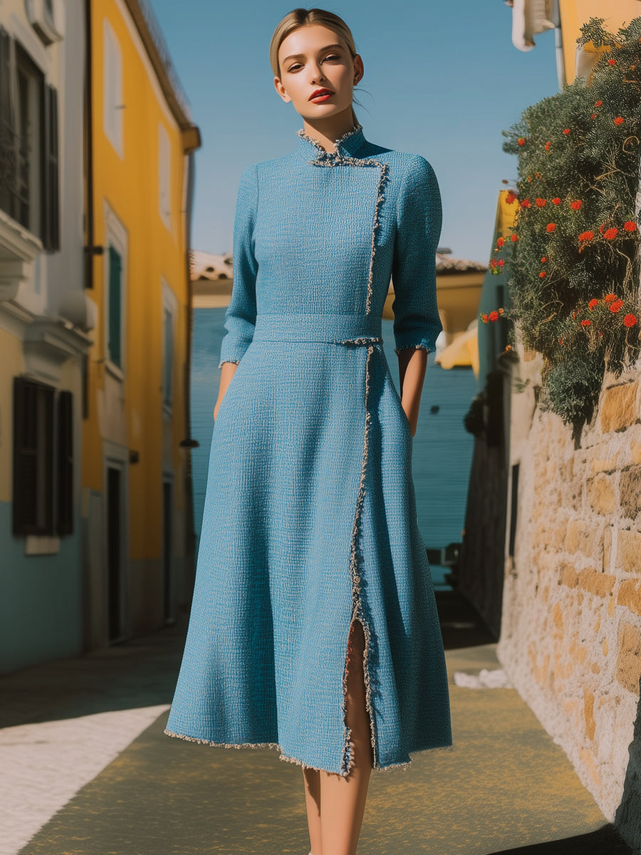 Blue Tweed Mandarin Collar Dress