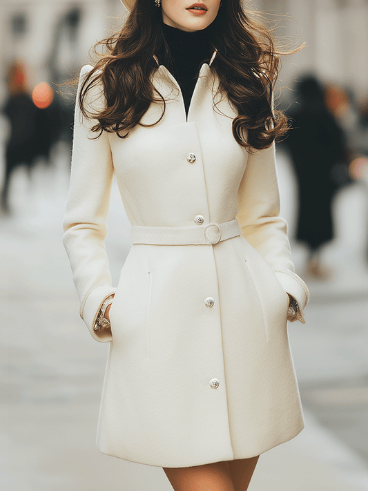 Ivory Belted A-Line Coat With Pearl Buttons