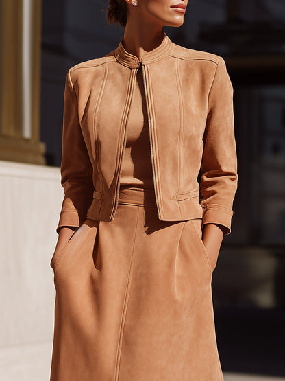 Faux Suede Jacket And A-Line Midi Skirt Set