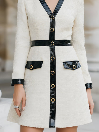 Tweed Mini Dress With Glossy Faux Leather Trim