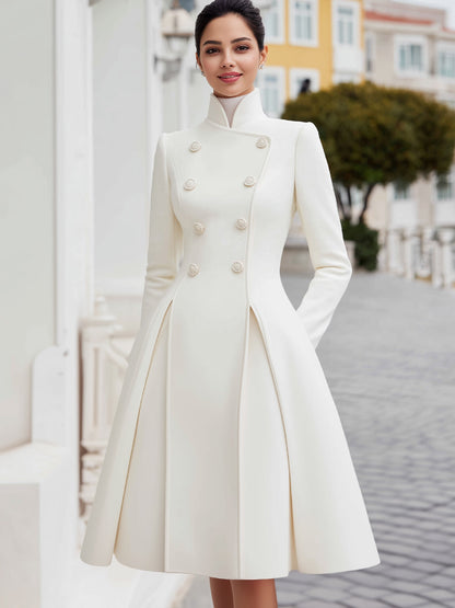 Elegant Double-Breasted Flared A-Line Coat Dress