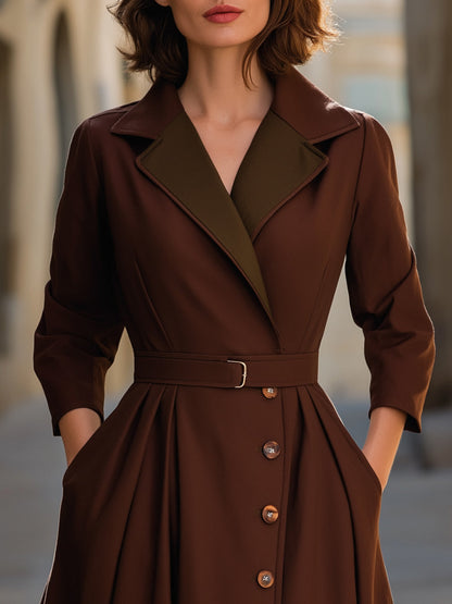 Contrast Lapel Collar Long-Sleeve Belted Midi Shirt Dress