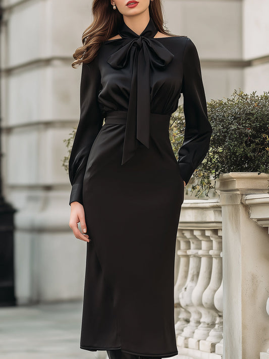 Black Satin Bow-Tie  Blouse And Midi Skirt Set
