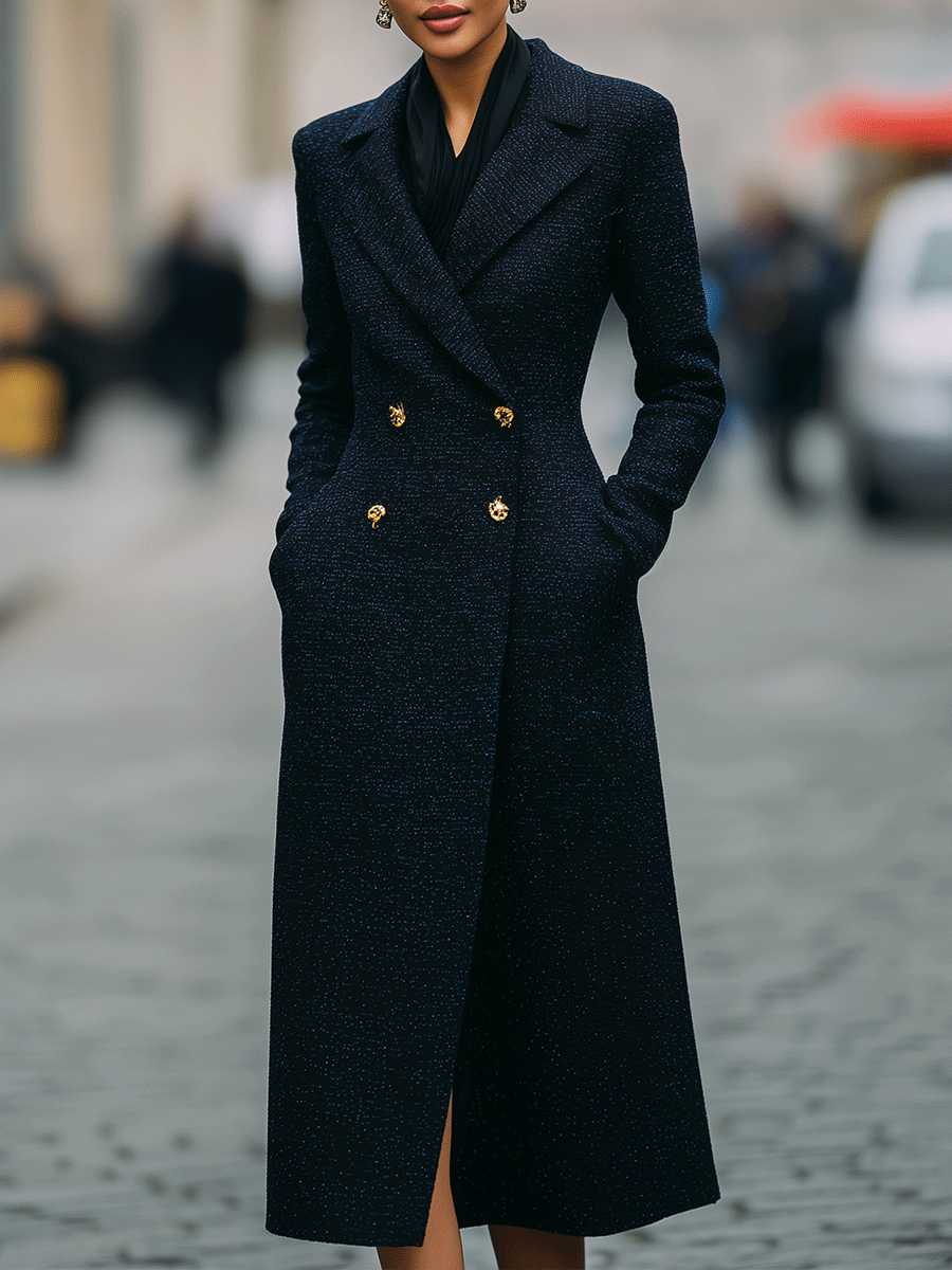 Midnight Navy Double-Breasted Long Coat With Gold Buttons
