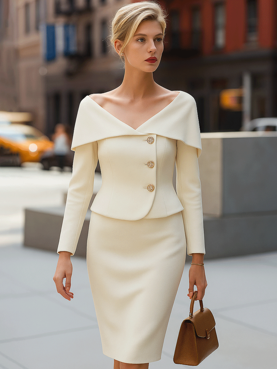 Ivory Off-Shoulder Tailored Midi Dress