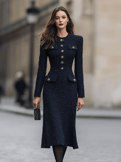 Navy Tweed Midi Dress With Embellished Buttons