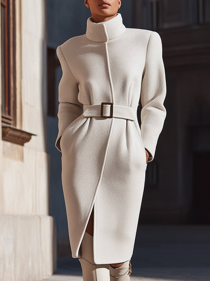 Ivory Belted High-Neck Coat