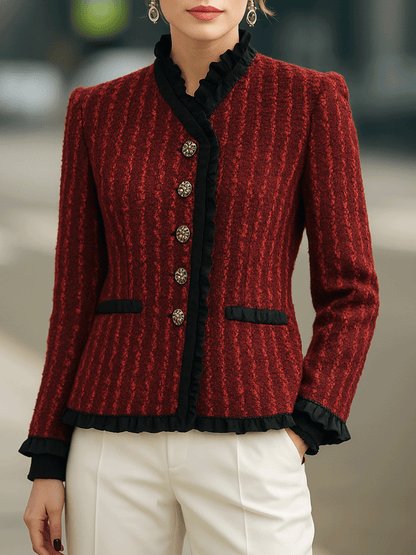 Red Textured Tweed Jacket With Black Ruffle Trim