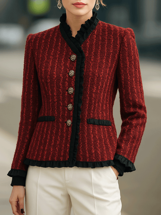 Red Textured Tweed Jacket With Black Ruffle Trim