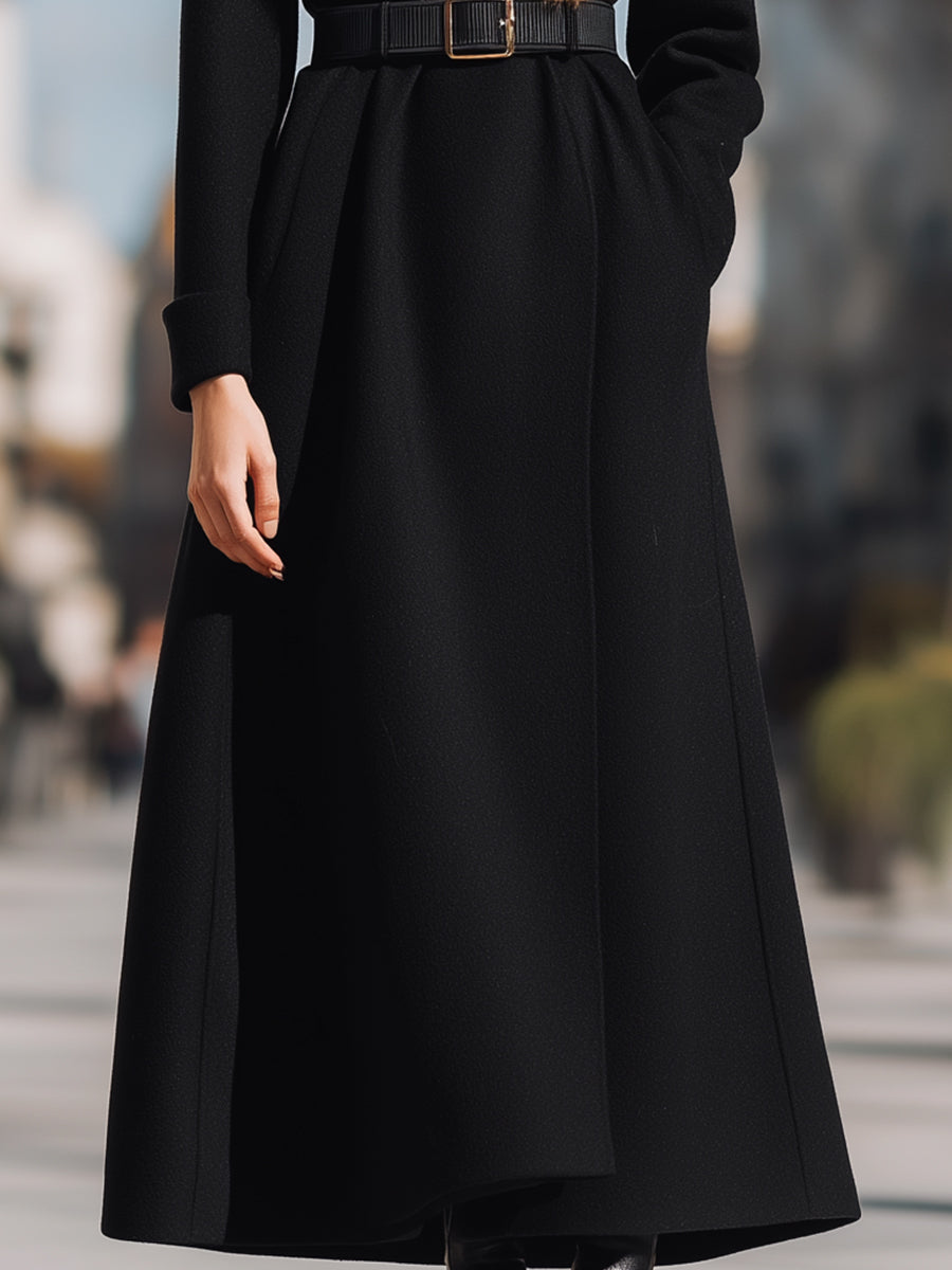 Black Wool Coat With Wide Faux Fur Collar