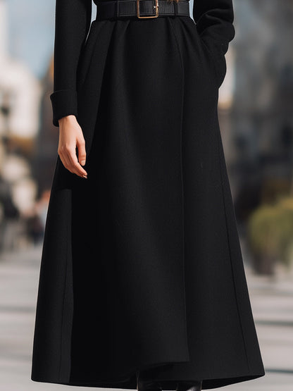 Black Wool Coat With Wide Faux Fur Collar