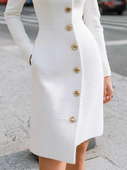 Regal Elegance White High-Neck Button Dress