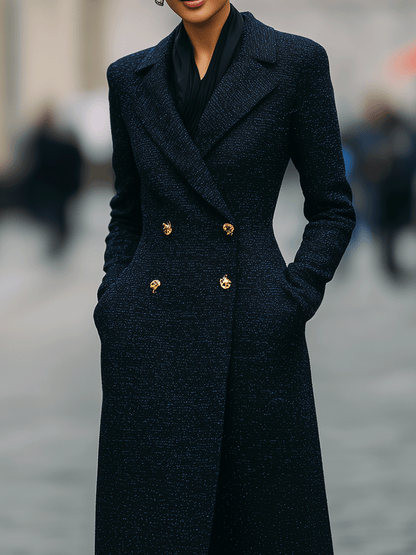 Midnight Navy Double-Breasted Long Coat With Gold Buttons