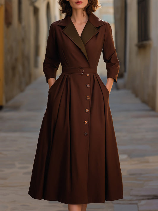 Contrast Lapel Collar Long-Sleeve Belted Midi Shirt Dress