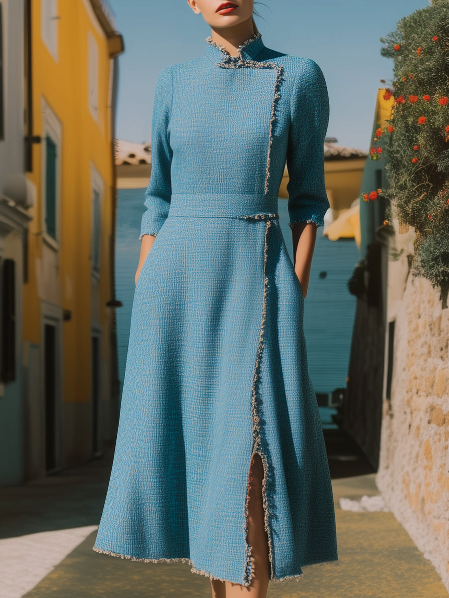 Blue Tweed Mandarin Collar Dress