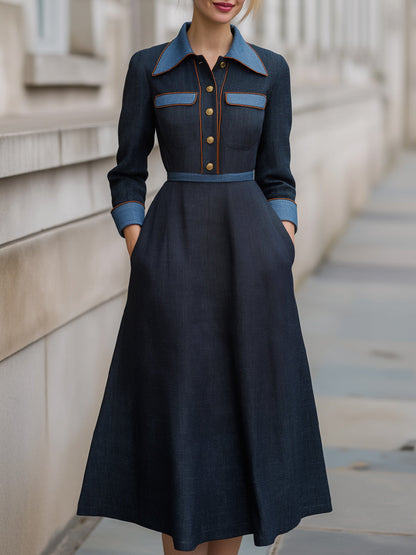 Denim-Trim Woven Midi Dress With Gold Buttons