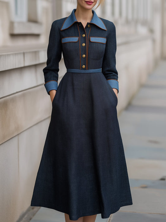 Denim-Trim Woven Midi Dress With Gold Buttons