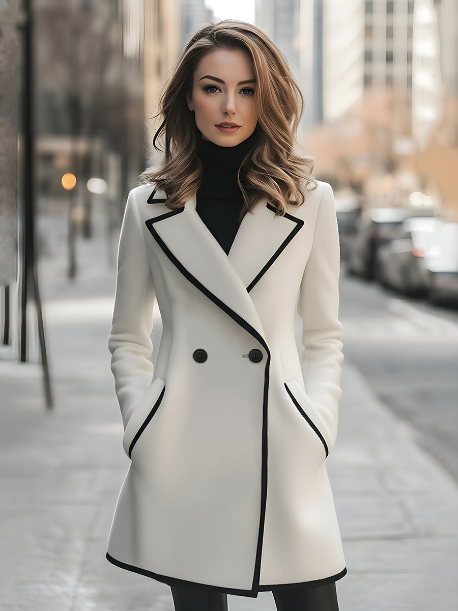 Elegant Double-Breasted Coat With Black Piping
