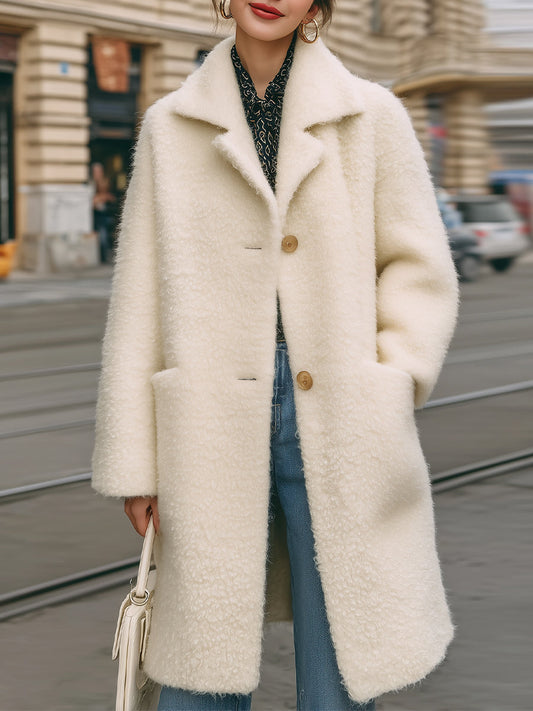 Elegant White Fuzzy Coat With Lapel Collar