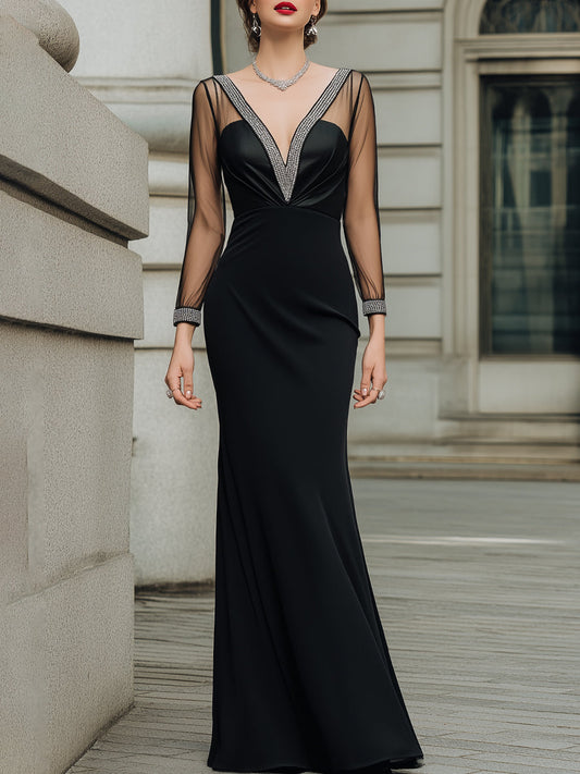 Sheer-Sleeve Colorblock Trim Fitted Evening Gown