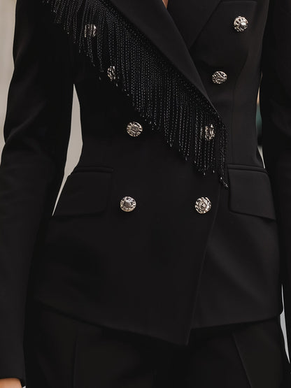 Double-Breasted Blazer With Beaded Fringe Detail