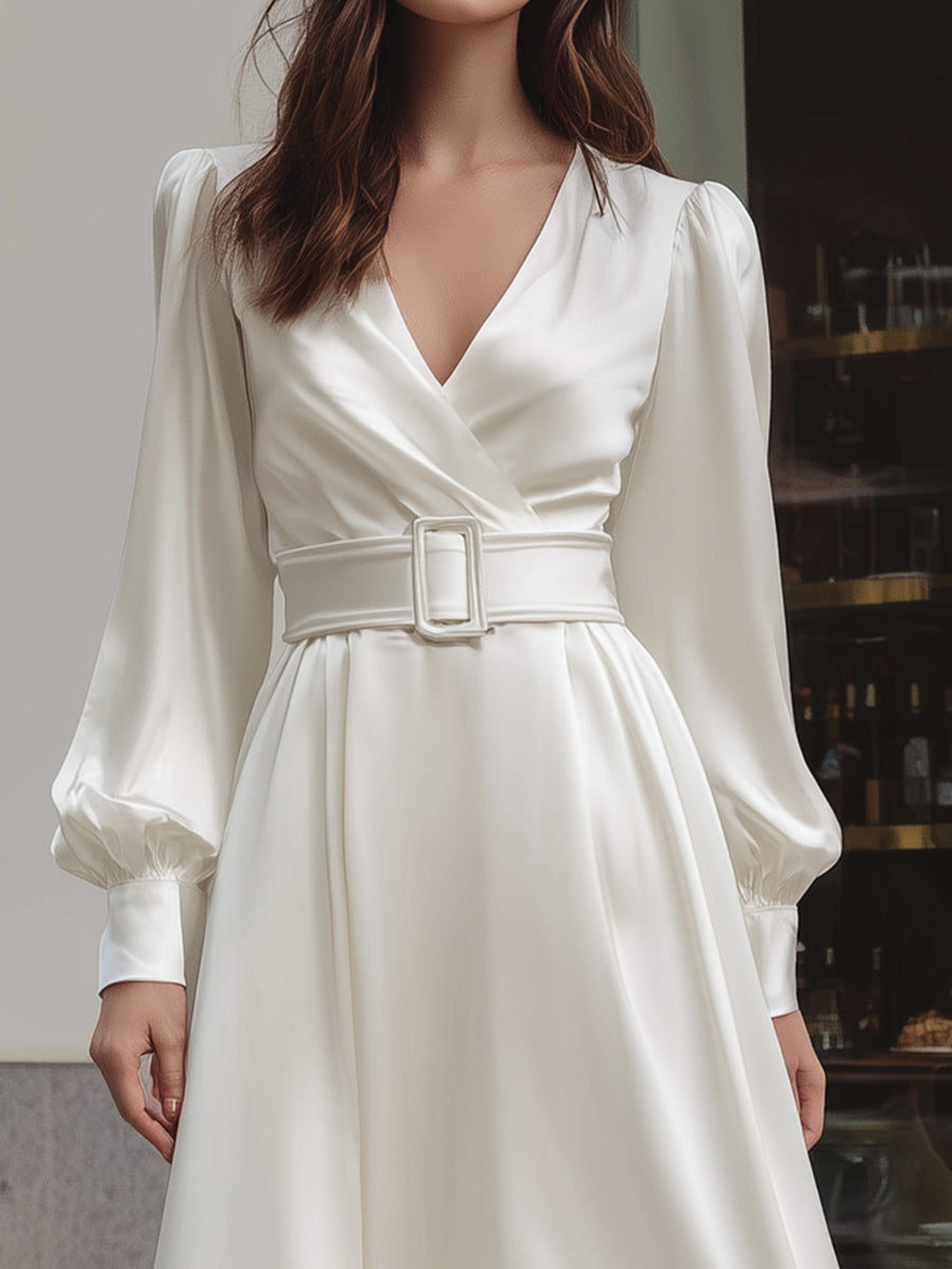 Ivory Satin Belted Midi Dress With Ruffled Hem